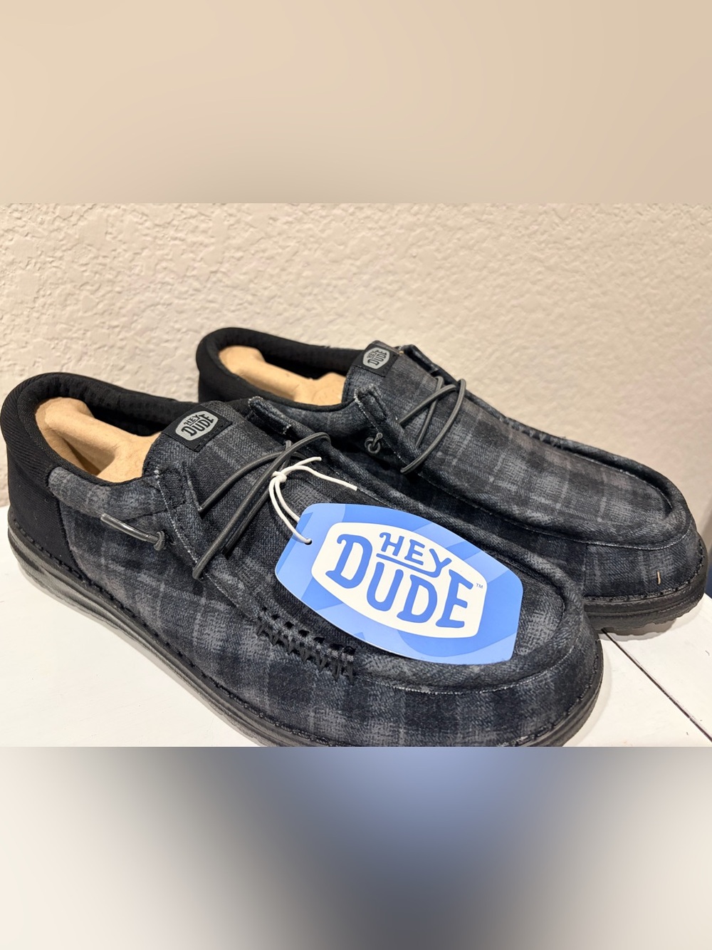 Men’s 12 Hey Dude Wally Funk Waffle Black Plaid NWT